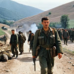 **Image of the Kosovo War:** Depict the Kosovo War in the 1990s, showing a scene of conflict between the KLA and Serbian forces with displaced Albanian refugees.