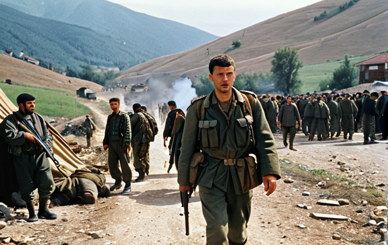 **Image of the Kosovo War:** Depict the Kosovo War in the 1990s, showing a scene of conflict between the KLA and Serbian forces with displaced Albanian refugees.